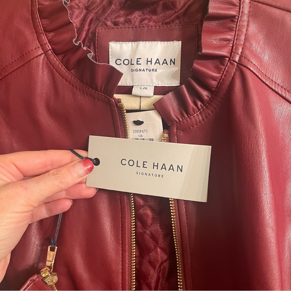 Cole Haan Red Vegan Leather Zip Jacket Ruffle Collar Sz L - Picture 9 of 9